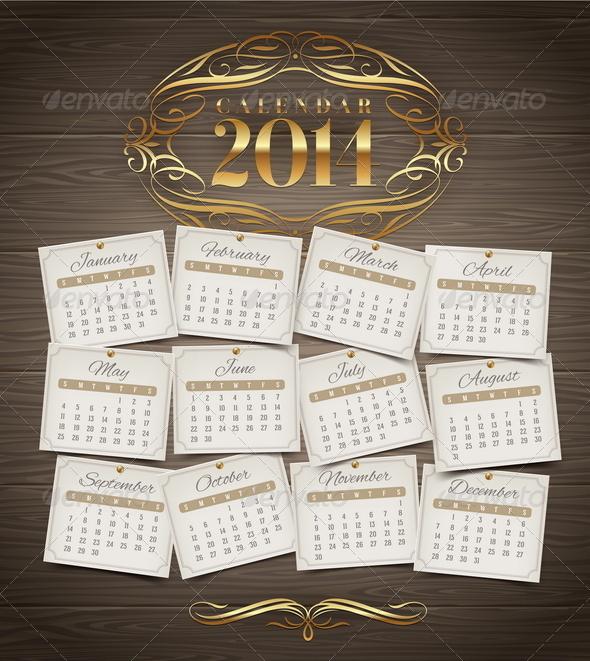 Calendar of 2014 with Golden Decor