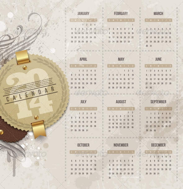 Calendar of 2014 with Vintage Label