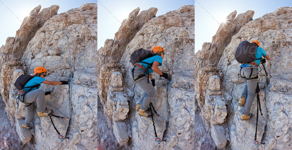 Sequence composed of three photographs illustrating the progression of climbing on via ferrata.