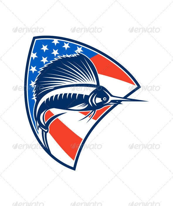 Sailfish Jumping American Flag Shield Retro Sailfish Jumping American Flag Shield Retro