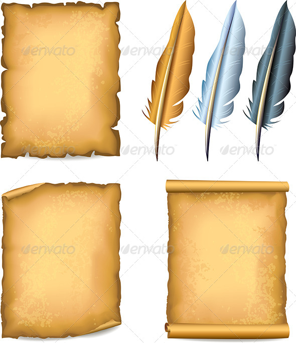 Old Paper Textured Sheets and three feather pens Old Paper Textured Sheets and three feather pens