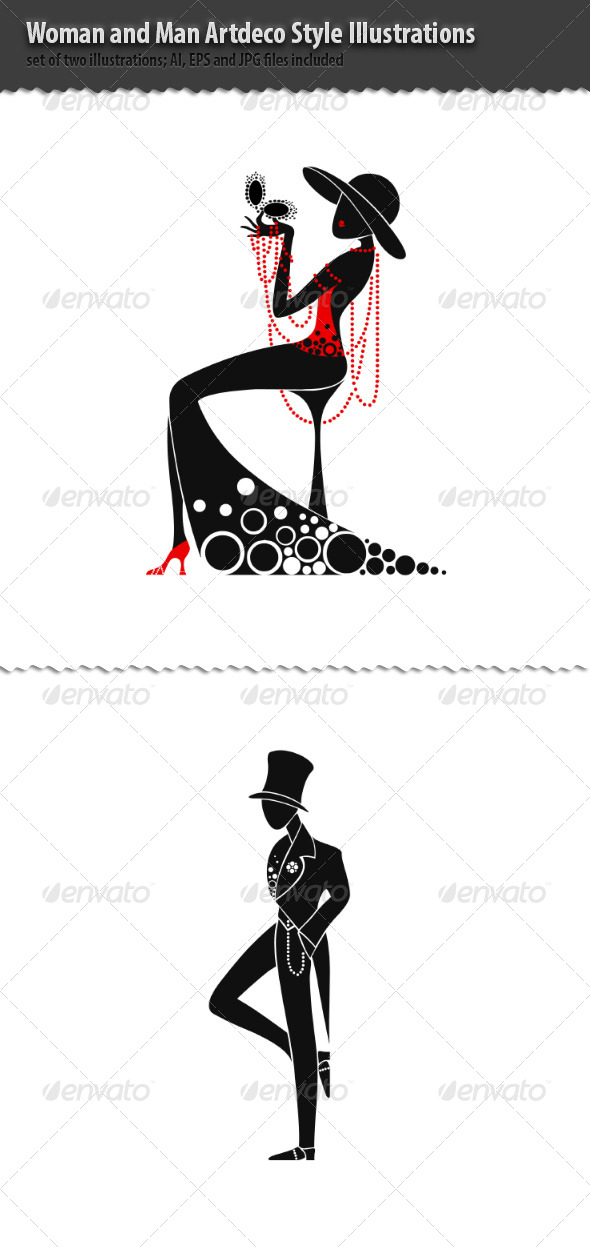 Woman and Man Artdeco Style Illustrations Woman and Man Artdeco Style Illustrations