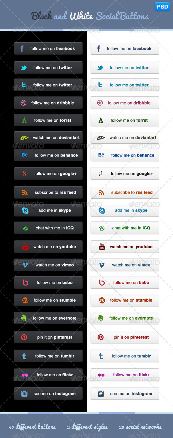 Black and White Social Buttons - Buttons Web Elements