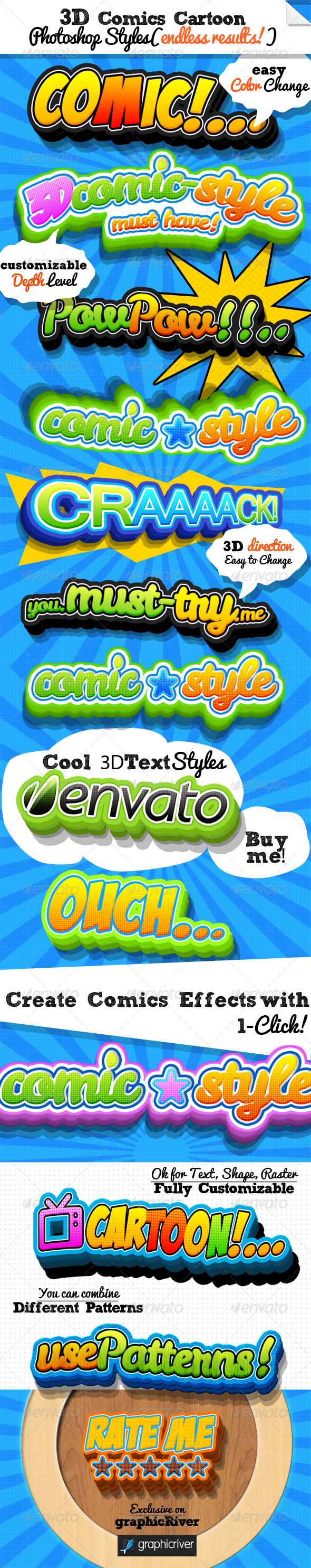 3D Comic Book and Cartoon Photoshop Styles - Text Effects Styles