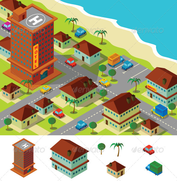 Isometric Hotel Near Beach Isometric Hotel Near Beach