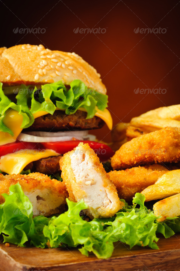 Chicken nuggets, burger and french fries