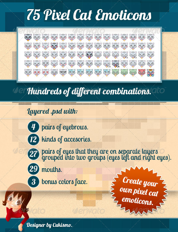 75 Pixel Cat Emoticons - Animals Characters