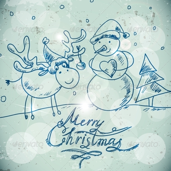 Christmas Greetings Card with a Snowman and Moose