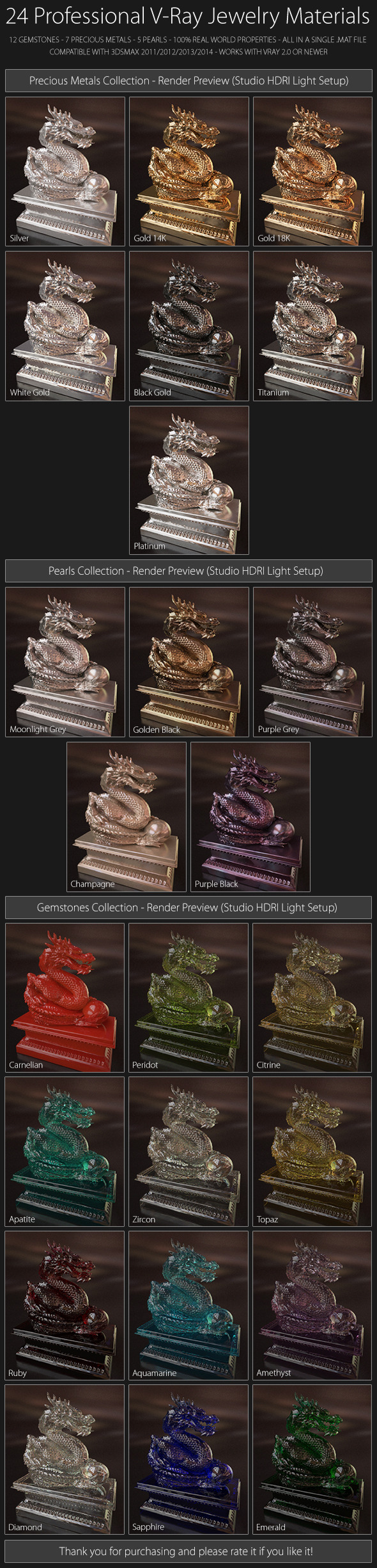 24 Professional V-Ray Jewelry Materials - 3DOcean Item for Sale