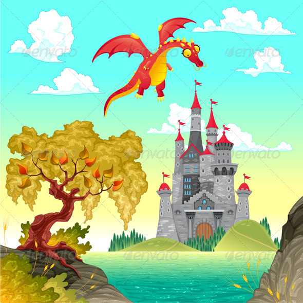 Fantasy Landscape with Castle and Dragon Fantasy Landscape with Castle and Dragon