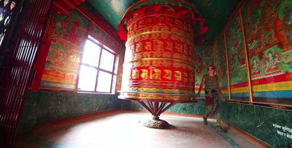 Tourist Girl At Prayer Wheel Kathmandu Nepal 2 Tourist Girl At Prayer Wheel Kathmandu Nepal 2