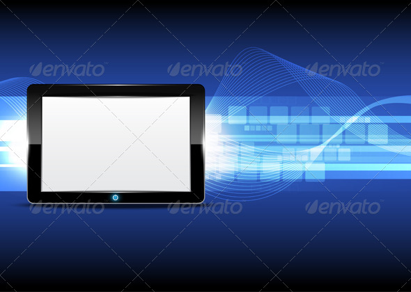 Tablet Computer with Tech Background Tablet Computer with Tech Background