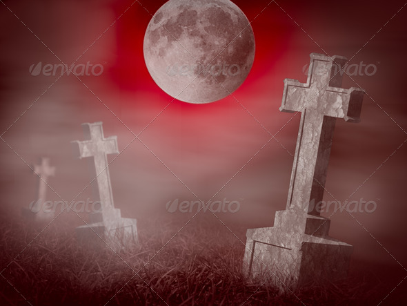 Mystery old graveyard with a group of cross tombstones at midnight. Halloween collage