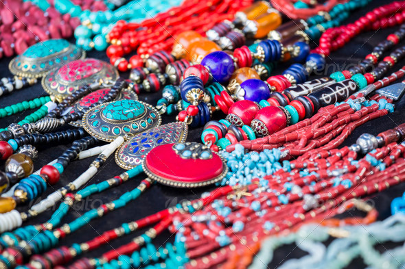 Colorful neacklaces, bracelets, accessories and souvenirs