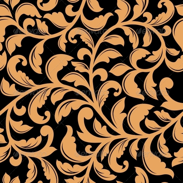Black Seamless Pattern with Yellow Floral Elements Black Seamless Pattern with Yellow Floral Elements