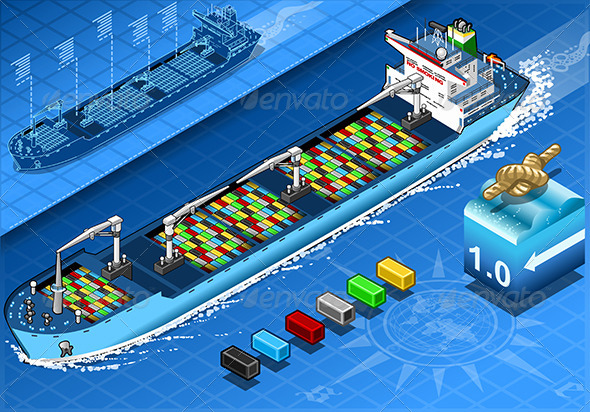 Isometric Cargo Ship with Containers in Front View Isometric Cargo Ship with Containers in Front View