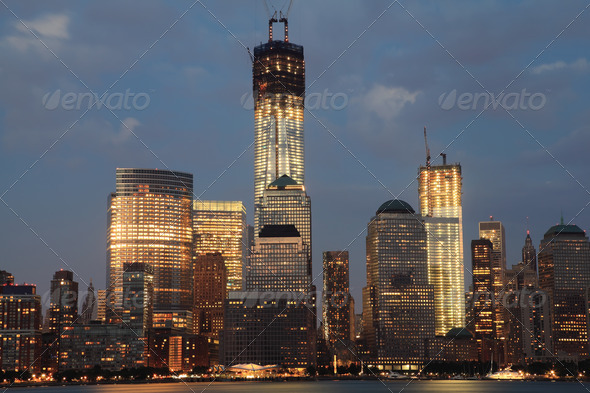 Downtown Manhattan Skyline with Freedom Tower at Dusk