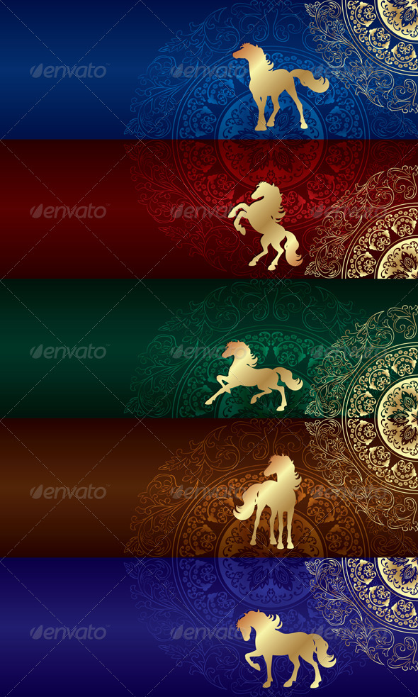 Horse Silhouette on Floral Background Set Horse Silhouette on Floral Background Set