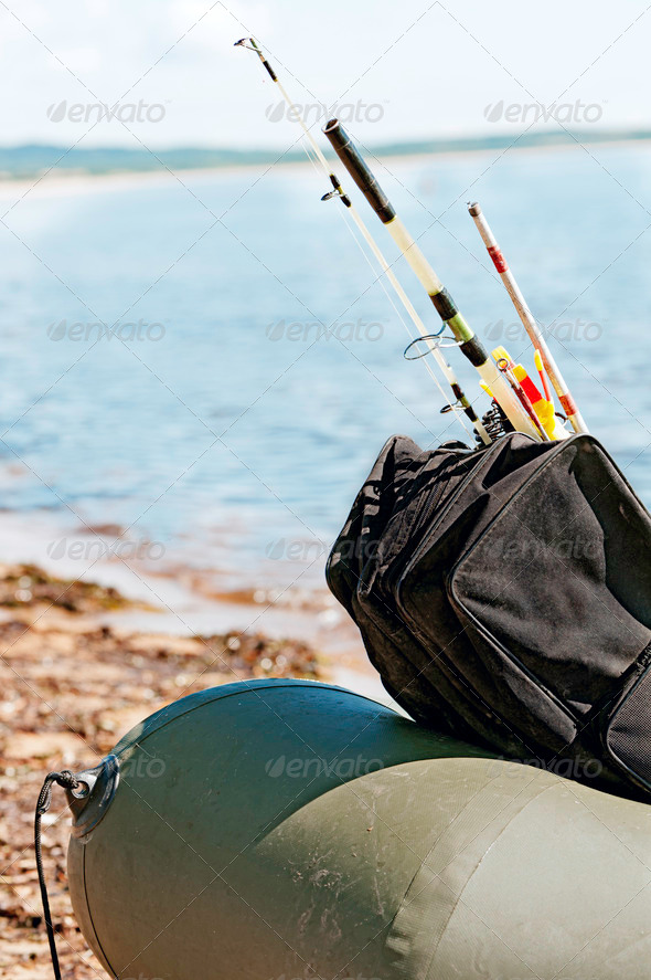 Fishing gear in an inflatable boat after fishing.