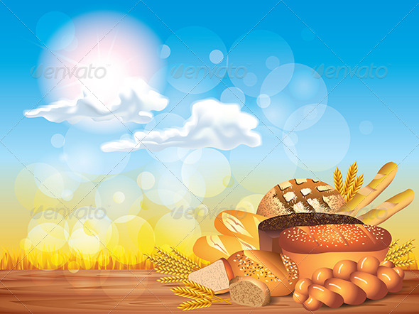 Breads and Wheat on Wooden Table Background Breads and Wheat on Wooden Table Background