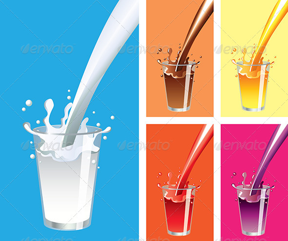 Milk, and Juice Splashes in Glass Vector Set