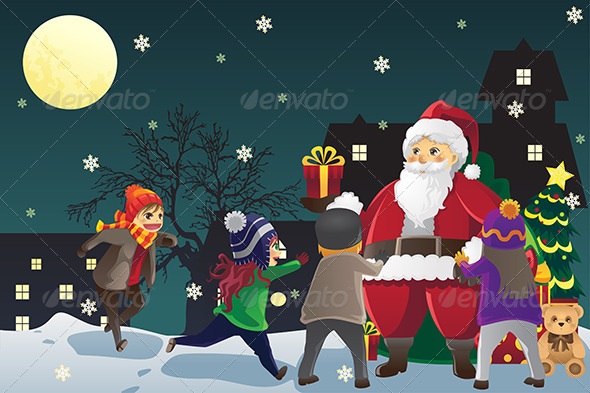 Santa Claus giving out Christmas Presents to Kids Santa Claus giving out Christmas Presents to Kids
