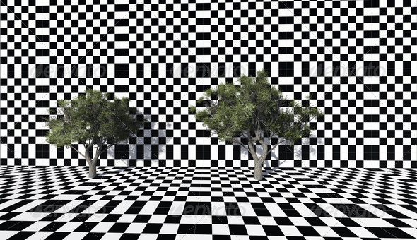 trees on the checkered wall