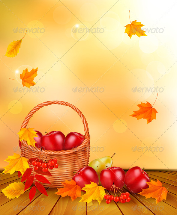 Autumn Background with Fresh Fruit in Basket Autumn Background with Fresh Fruit in Basket