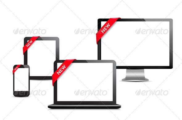 Set of Digital Devices with Sale Ribbons Set of Digital Devices with Sale Ribbons
