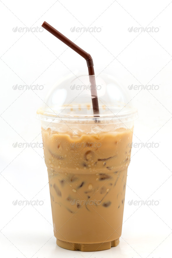 Iced coffee with straw in plastic cup isolated on white backgrou