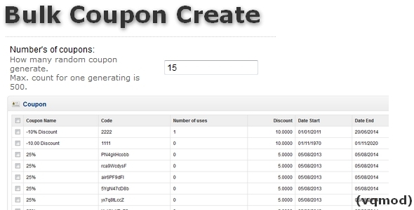 Bulk Coupon Create for OpenCart