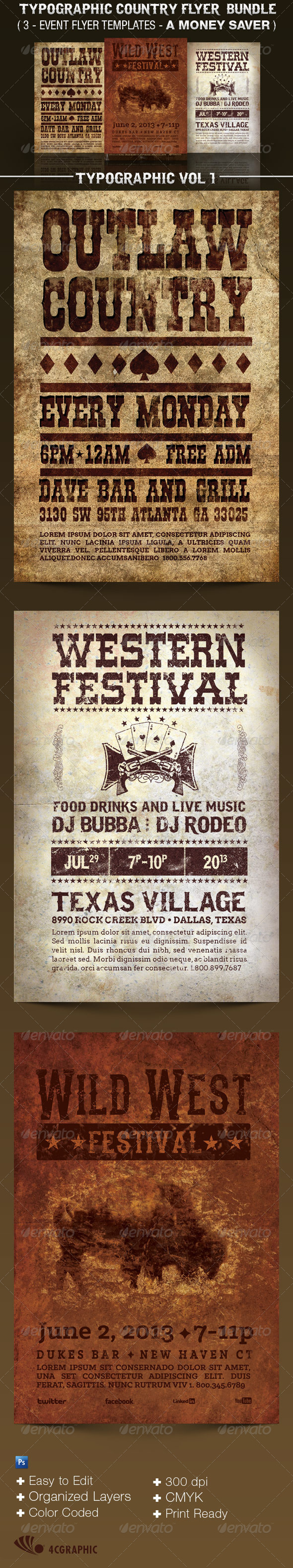 Country Western Flyer Templates Bundle Vol 1 - Events Flyers
