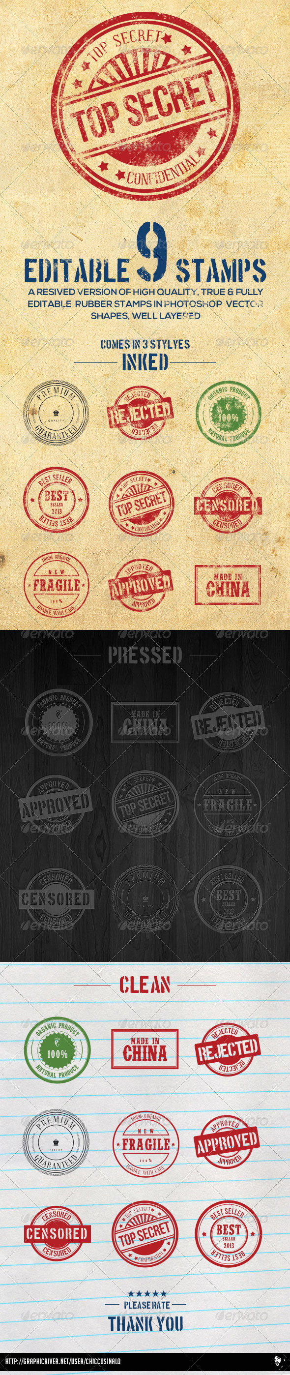 9 Editable Photoshop Rubber Stamps - Badges & Stickers Web Elements