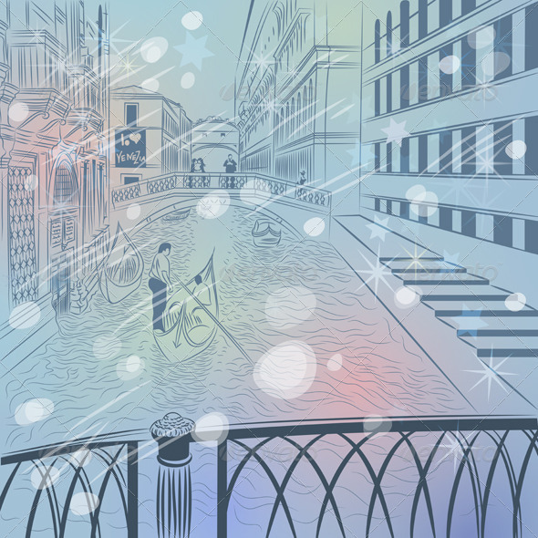 Vector Venice Winter Christmas Cityscape Vector Venice Winter Christmas Cityscape