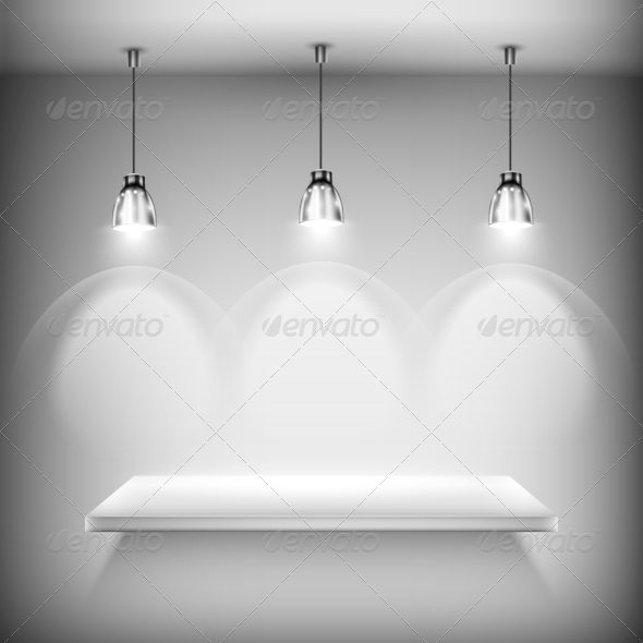 White Empty Shelf Illuminated by Spotlights White Empty Shelf Illuminated by Spotlights