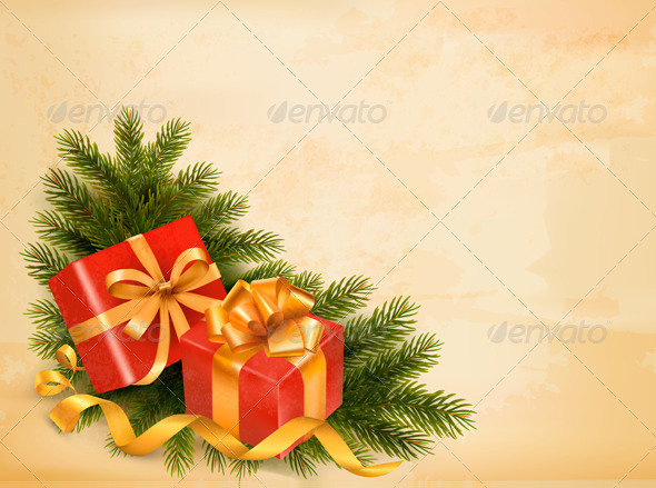 Christmas Retro Background with Tree Branches Christmas Retro Background with Tree Branches