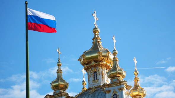 Domes Of The Church And Russian Flag Domes Of The Church And Russian Flag