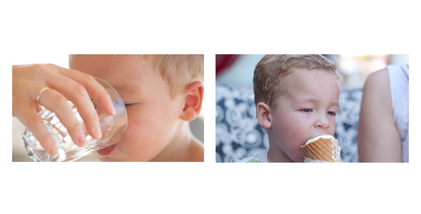 Little Boy Drinks Water and Eats Ice Cream Little Boy Drinks Water and Eats Ice Cream