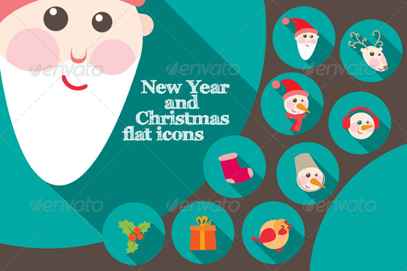 New Year And Christmas Flat Icons New Year And Christmas Flat Icons