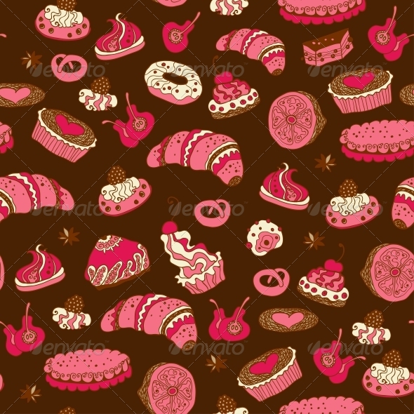 Seamless Pattern with Different Types of Pastries Seamless Pattern with Different Types of Pastries