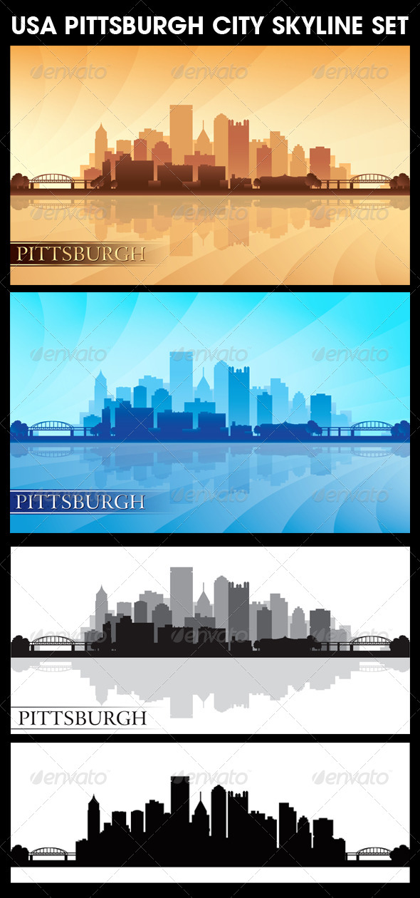 Pittsburgh USA City Skyline Silhouettes Set Pittsburgh USA City Skyline Silhouettes Set
