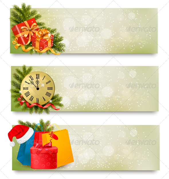 Three Christmas Banners with Gift Boxes Three Christmas Banners with Gift Boxes