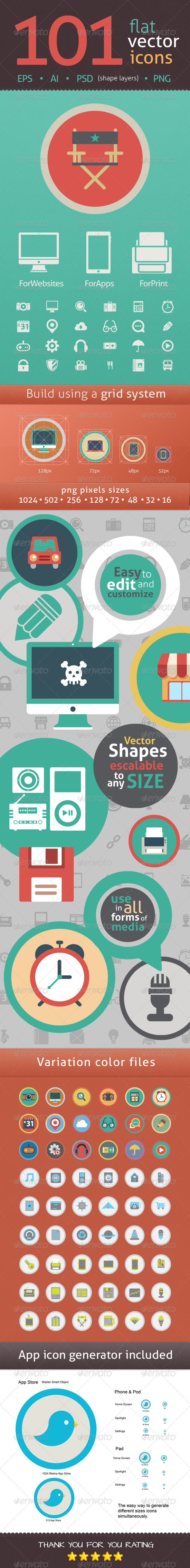 101 Flat Icons in Vector Format and Shape Layers 101 Flat Icons in Vector Format and Shape Layers
