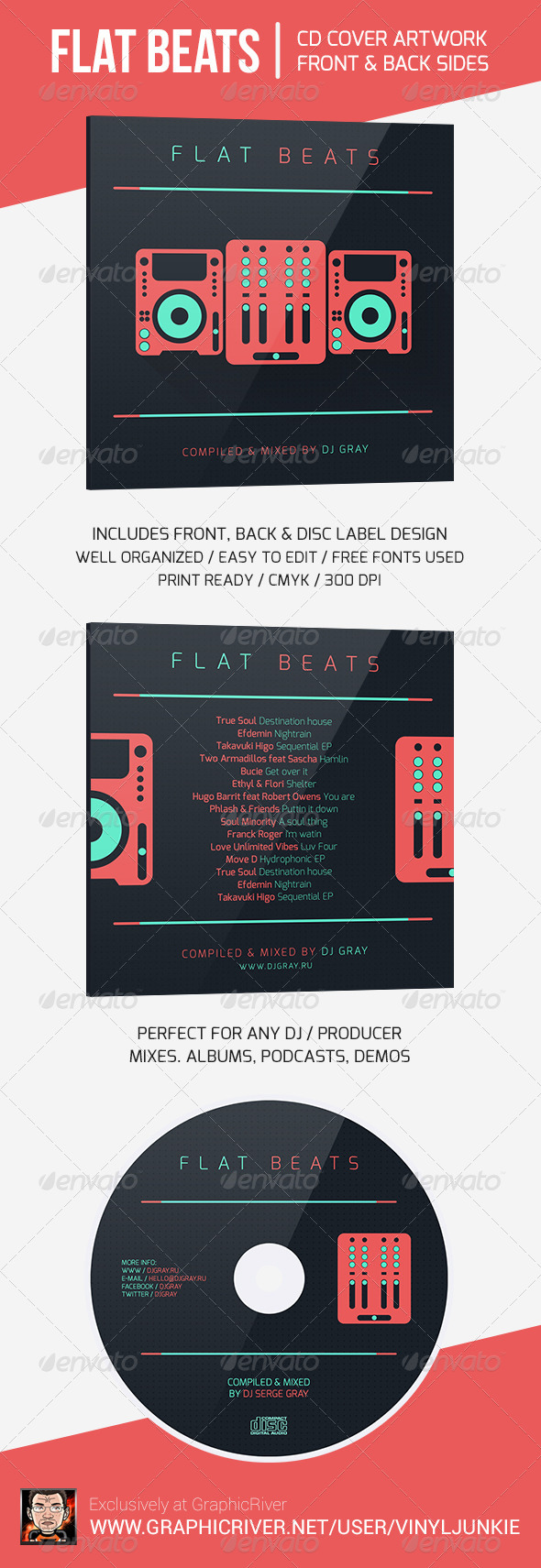 Flat Beats - DJ Mix CD Cover Artwork Template - CD & DVD artwork Print Templates