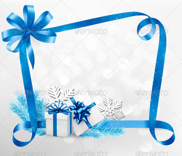 Holiday Background with Blue Gift Bow and Gift Box Holiday Background with Blue Gift Bow and Gift Box