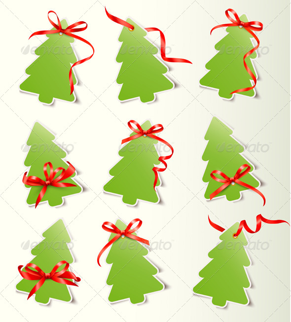 Set of Cards with Red Gift Bows with Ribbon Set of Cards with Red Gift Bows with Ribbon