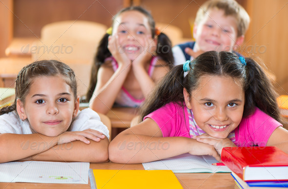 Happy schoolchildren during lesson in classroom