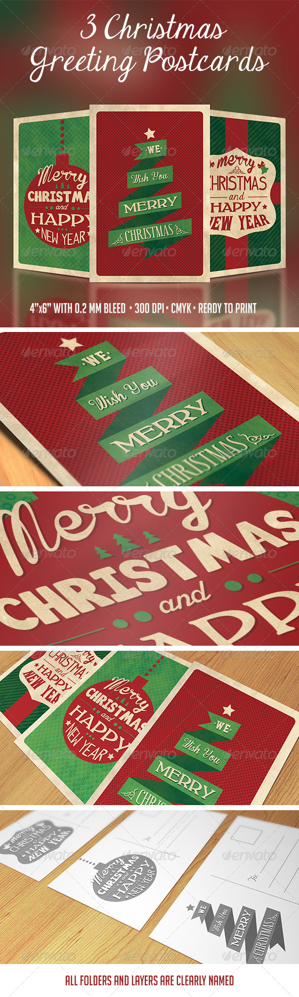 3 Christmas Greeting Postcards - Holidays Events