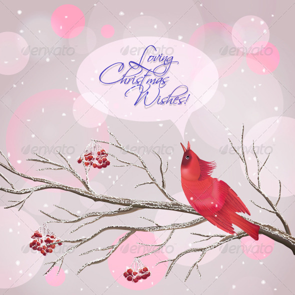 Christmas Vector Snowy Rowan Branches and Bird Christmas Vector Snowy Rowan Branches and Bird