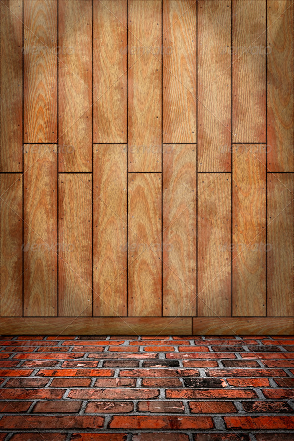 indoor background, brown wood wall, red brick floor